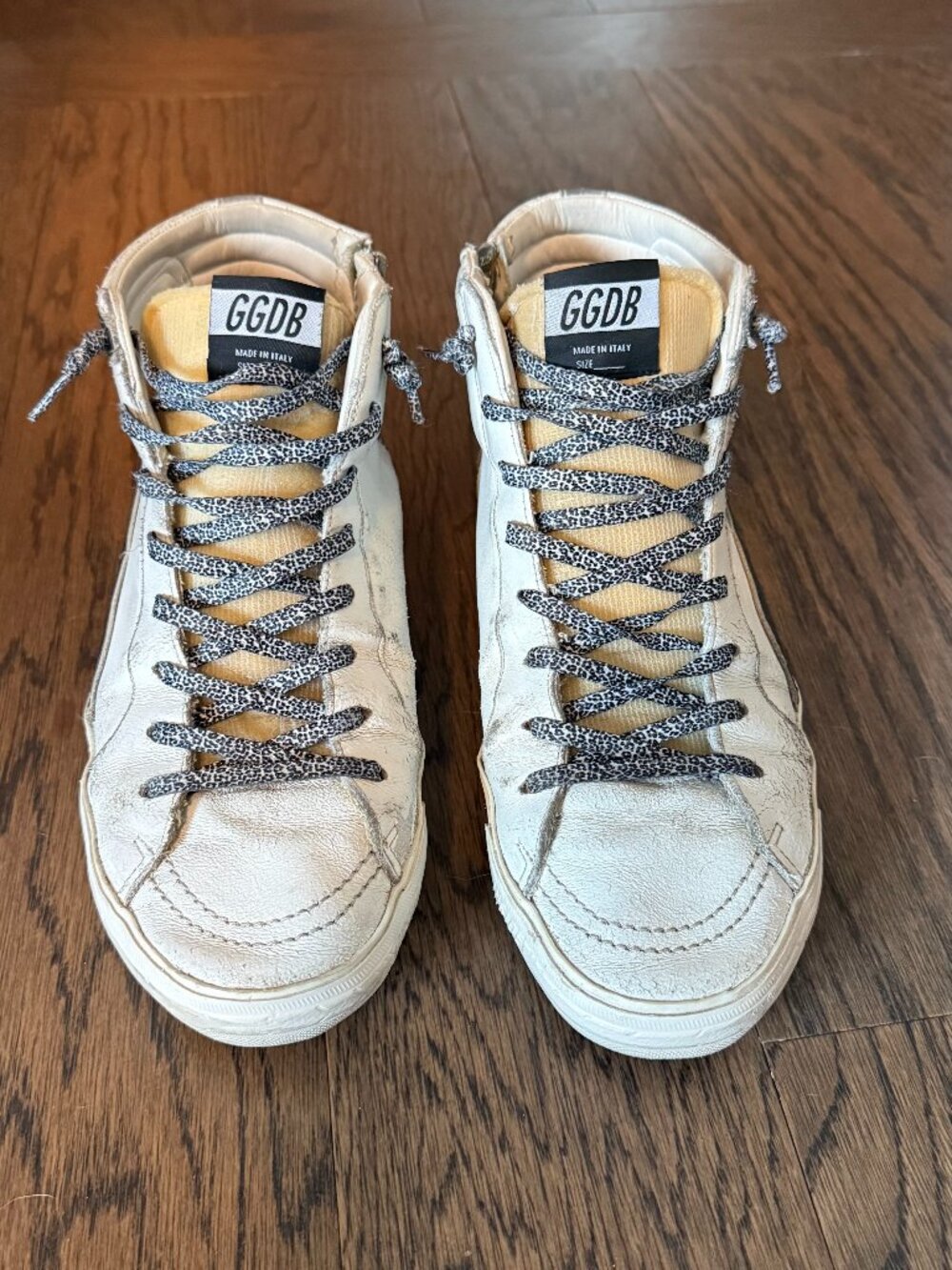 Golden Goose High Top Sneakers White Leather/Leopard Laces Size 44/US 11 (MENS)